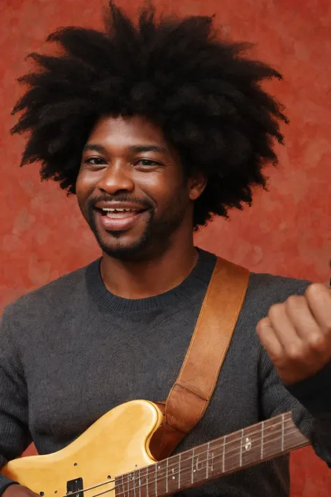 close-up photo portrait of a 45 yo african man, black afro hair, stubble, brown eyes, excited face expression, singing, red bass guitar, blue sweater, black bluesman, simple background