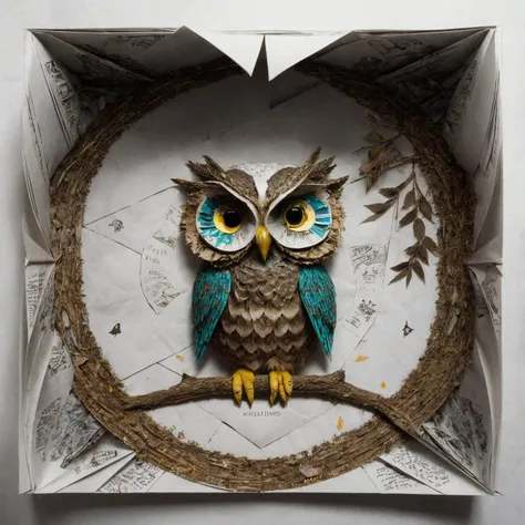 RAW photo, 8k uhd, Analog style, (Masterpiece, Best Quality, Highres:1.3), dramatic, cinematic, (paper-cut craft:1.3), BREAK,
intricate (paper-cut craft:1.4) of mysterious intricate ornamented (owl:1.4), (beige square photo-frame:0.7), circle mask, (forest, mountain:1.3), (winter, moon:0.5), (green, blue, brown, white:1.1), (black, gold:0.8), (paper-cut craft, colorful, layers, flat, fabulous, children's book:1.2), cardboard, bronze, (hyperdetailed, absurdres:1.1), BREAK,
<lora:more_details:0.1>