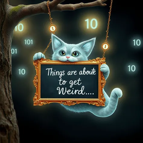 An extremely detailed, high quality, masterpiece photograph of a hologram with perfect exaggerated cat anatomy. A silly Cheshire cat formed of floating glowing binary 1s and 0s swinging on its tail from a tree with an intricate gold framed blackboard between its jaws. The blackboard has fancy cursive chalk writing saying "Things are about to get weird. . ."
