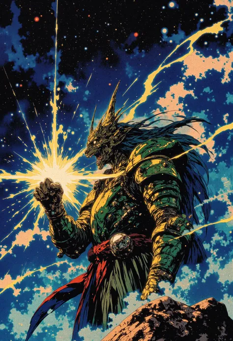 The image is a digital illustration in a detailed, semi-realistic 90s retro anime style. The subject is Dragon Shiryu, mid-combat with his fist glowing as cosmic energy surrounds him. His green-scaled armor reflects the starlight. The environment is a high mountain peak with the night sky above, filled with stars and cosmic waves. The colors are deep blues, greens, and silvery whites, creating a cosmic and epic atmosphere.  detailmaximizer, mythp0rt, ne0nfant4sy,