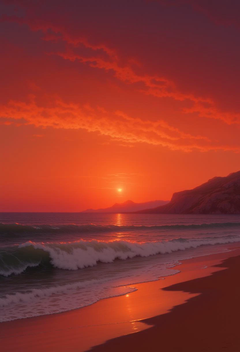 A photorealistic sunset on a tranquil beach, with vibrant, fiery hues of burnt orange, crimson red, and soft pink painting the sky, reflecting on the calm waves with subtle ripples.