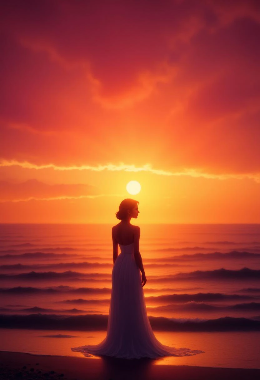 A photorealistic sunset on a tranquil beach, with vibrant, fiery hues of burnt orange, crimson red, and soft pink painting the sky, reflecting on the calm waves with subtle ripples.
 <lora:AS_2:1>A silhouette of a girl wearing a long dress