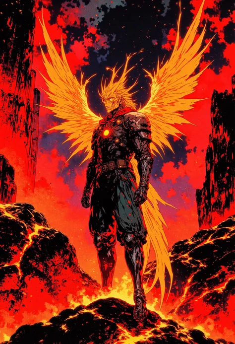 The image is a digital illustration in a detailed, semi-realistic 90s retro anime style. The subject is Phoenix Ikki, standing amidst volcanic flames. His red and orange armor, designed to resemble phoenix feathers, glows intensely. The environment is a fiery volcanic landscape, with lava streams and molten rocks. The colors are bright reds, oranges, and dark blacks, creating a mystical and fiery atmosphere.  detailmaximizer, mythp0rt, ne0nfant4sy,