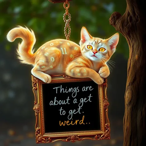 An extremely detailed, high quality, masterpiece photograph of a hologram with perfect exaggerated cat anatomy. A silly Cheshire cat formed of floating glowing binary 1s and 0s swinging on its tail from a tree with an intricate gold framed blackboard between its jaws. The blackboard has fancy cursive chalk writing saying "Things are about to get weird. . ."