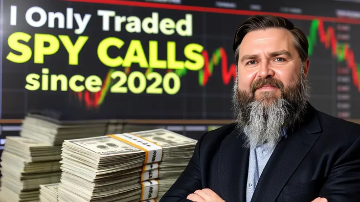 a realistic photo of a middle aged large with groomed beard named JD is posing next to a huge stack of cash with a background that says """I Only Traded SPY Calls since 2020""", stock market graph backdrop