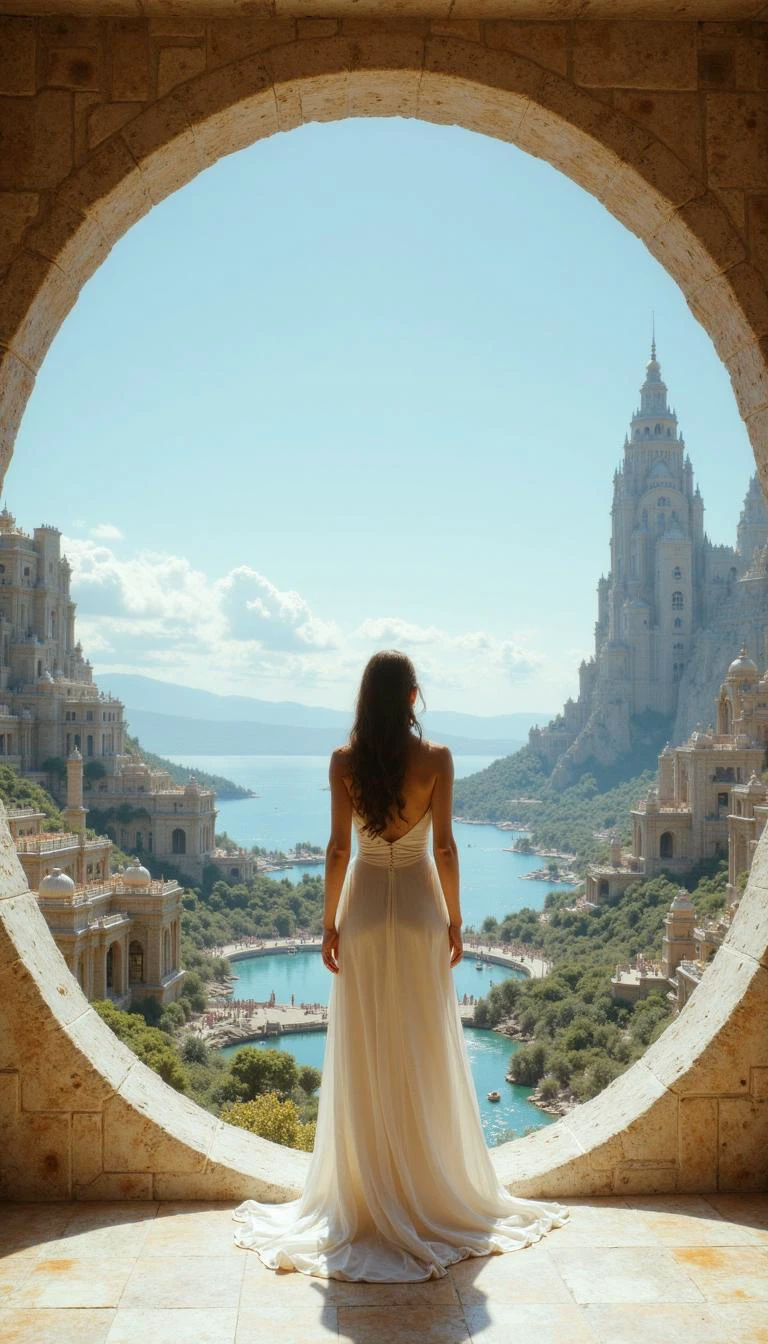 detailed city, A woman stand inside a futuristic dwelling with an expansive curved window showcasing a towering cityscape on an idyllic planet. The hyperrealistic scene is bathed in the warm, natural light of a clear day, highlighting the contemplative silhouette as she gaze upon the vista. The woman in a flowing white gown occupies the foreground, her back to the observer. The camera, positioned at eye level, captures a medium shot encompassing the woman and the breathtaking vista. The focus should be on the awe-inspiring view, emphasizing the grandeur of the cityscape and the tranquility of the scene. Intricately detail the futuristic architecture and the azure sky.<lora:flux_train_replicate:1>