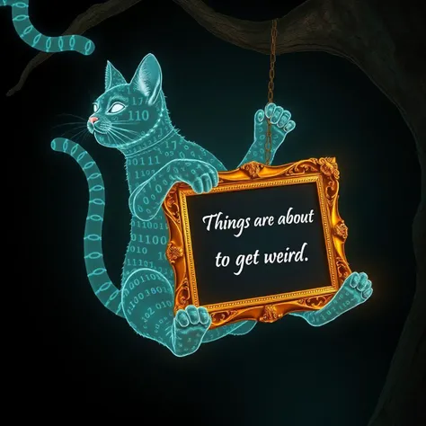 An extremely detailed, high quality, masterpiece photograph of a hologram with perfect exaggerated cat anatomy. A silly Cheshire cat formed of floating glowing binary 1s and 0s swinging on its tail from a tree with an intricate gold framed blackboard between its jaws. The blackboard has fancy cursive chalk writing saying "Things are about to get weird. . ."