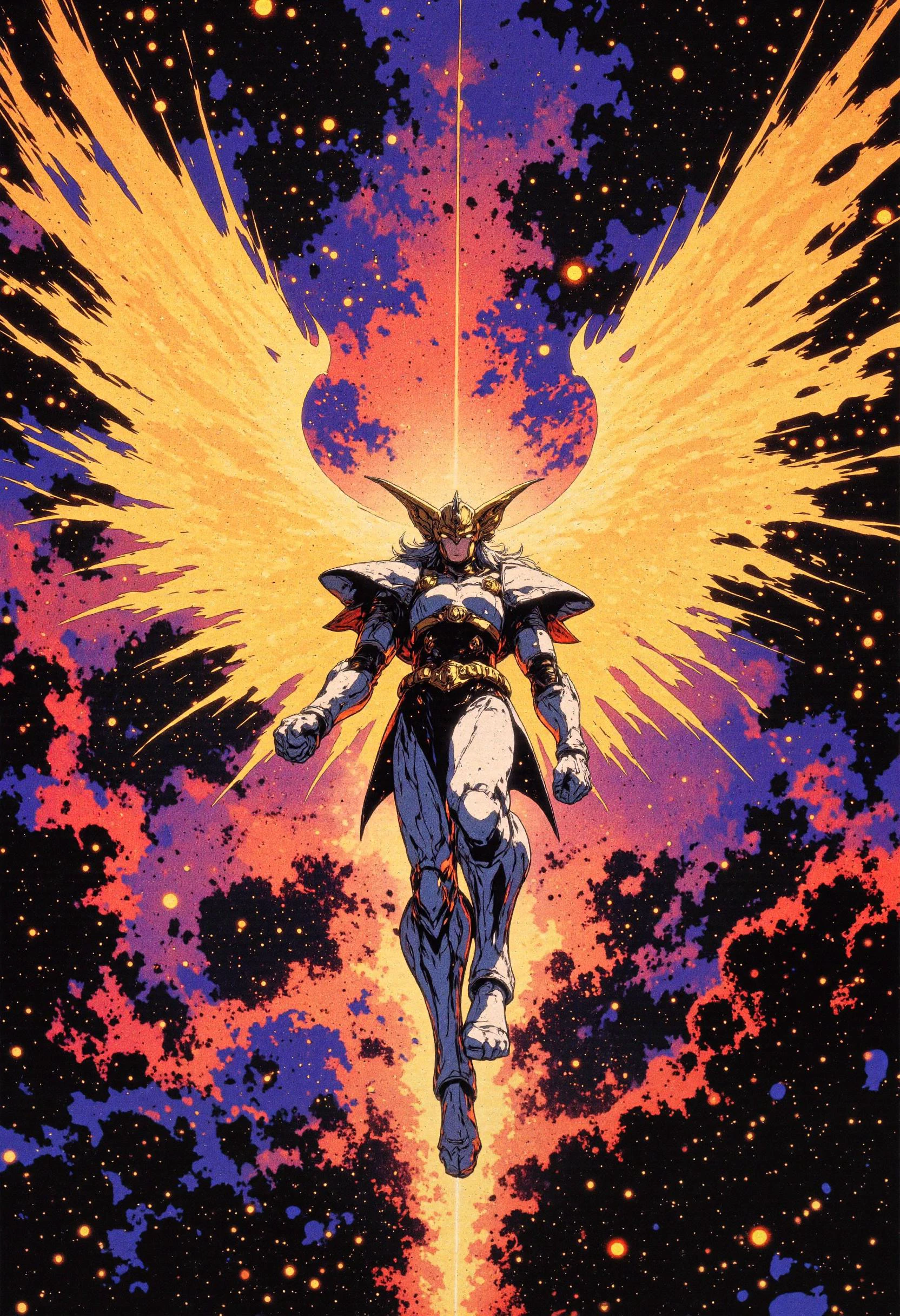 The image is a digital illustration in a detailed, semi-realistic 90s retro anime style. The subject is Pegasus Seiya, charging through space, surrounded by cosmic energy and stardust. His white and gold armor glows as his wings leave a trail of light. The environment is a vast cosmic expanse with swirling galaxies and nebulae. The colors are deep purples, blues, and radiant gold, making the scene feel infinite and otherworldly. detailmaximizer, mythp0rt, ne0nfant4sy,