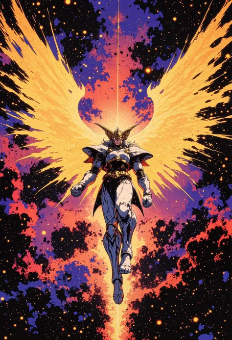 The image is a digital illustration in a detailed, semi-realistic 90s retro anime style. The subject is Pegasus Seiya, charging through space, surrounded by cosmic energy and stardust. His white and gold armor glows as his wings leave a trail of light. The environment is a vast cosmic expanse with swirling galaxies and nebulae. The colors are deep purples, blues, and radiant gold, making the scene feel infinite and otherworldly.  detailmaximizer, mythp0rt, ne0nfant4sy,