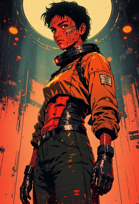 A detailed, vibrant, high-contrast, semi-realistic 90s science fiction anime. The scene is a portrait of Ailine Cybelle, a 35-year-old woman. The image captures her in a vintage, retro-futurism spacesuit reminiscent of space opera aesthetics, inspired by the styles of Ed Mell and Russ Mills. The composition emphasizes body positivity and ethnic diversity, with a dynamic pose under a wide-angle view. Her face is illuminated by a ring light, with atmospheric haze and etheral fog adding depth. The scene is hyper-detailed, showcasing intricate details in the spacesuit and scenery, set against a dramatic, moody backdrop. The lighting is atmospheric and color-graded in a cinematic style, highlighting skin pores, imperfections, and natural beauty. Shot in a Dutch angle style with subtle chromatic aberration, the overall look is epic, evoking a 1990s vintage anime with a candid, high-budget feel. cyberpunk, anime,