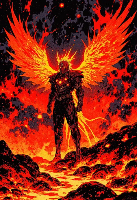 The image is a digital illustration in a detailed, semi-realistic 90s retro anime style. The subject is Phoenix Ikki, standing amidst volcanic flames. His red and orange armor, designed to resemble phoenix feathers, glows intensely. The environment is a fiery volcanic landscape, with lava streams and molten rocks. The colors are bright reds, oranges, and dark blacks, creating a mystical and fiery atmosphere.  detailmaximizer, mythp0rt, ne0nfant4sy,