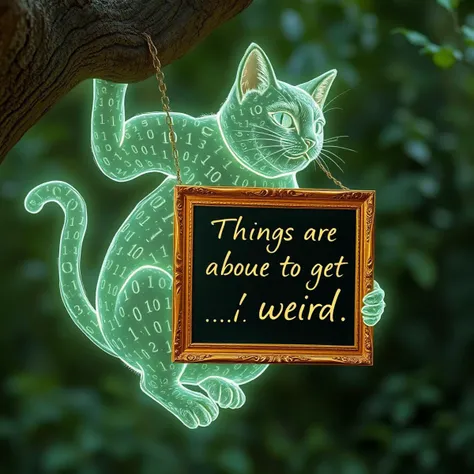 An extremely detailed, high quality, masterpiece photograph of a hologram with perfect exaggerated cat anatomy. A silly Cheshire cat formed of floating glowing binary 1s and 0s swinging on its tail from a tree with an intricate gold framed blackboard between its jaws. The blackboard has fancy cursive chalk writing saying "Things are about to get weird. . ."