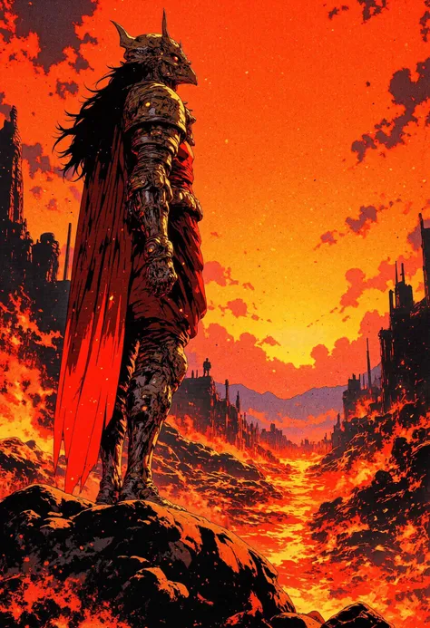 The image is a digital illustration in a detailed, semi-realistic 90s retro anime style. The subject is Phoenix Ikki, standing on a peak overlooking a sea of fire. His red and orange armor shines under the setting sun. The environment is a scorched landscape with crumbling statues and ruins. The colors are warm oranges, deep reds, and glowing embers, evoking a legendary and apocalyptic atmosphere. detailmaximizer, mythp0rt, ne0nfant4sy,