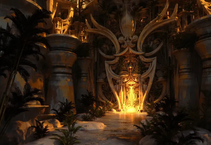 The architecture is a mix of Roman and Mayan influences, glowing pathway runs through the heart of the ruin, and spires, their fronds and trunks visible on the left and right of the frame, interspersed with splashes of black and gold, which seem to glow with an inner light, suggesting either a late afternoon or early morning sun.  This is a digital painting, adding to the mystical, swirling patterns that blend organic and mechanical elements<lora:Symphony_of_Chaos:1>