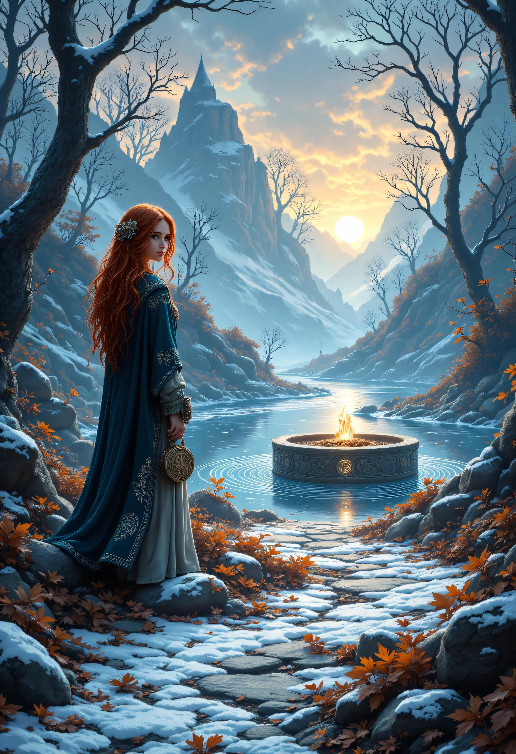 Photo Prompt: "Frozen November Enchantment" Scene Description: Setting: A mystical woodland glade in late November, where the last remnants of autumn meet a frosty winter chill, creating an enchanting and otherworldly atmosphere. Foreground Elements: A winding, icy path dusted with colorful, frozen leaves in shades of crimson and gold, leading deeper into the woods. A small, ornate stone circle adorned with shimmering crystals and intricate runes, covered lightly in frost, suggesting a magical ritual has recently taken place. Character: An 18-year-old witch with fiery red hair that cascades in soft waves, catching the light with hints of gold. Her striking emerald green eyes shine with curiosity and a touch of mischief. She wears a long, dark cloak that flutters gently in the breeze, with silver embroidery depicting ancient symbols. Beneath, a cozy sweater and leggings keep her warm. In her hand, she holds a sparkling wand, which emits a soft, magical glow, illuminating the frosty surroundings. A small pouch hangs from her belt, filled with enchanted herbs and crystals. Midground Elements: Frost-laden trees tower around her, their branches glistening with ice, creating a shimmering canopy overhead. Wisps of magical light float through the air, intertwining with the frost, adding an ethereal quality to the scene. Background Elements: A partially frozen pond glimmers in the distance, reflecting the icy beauty of the trees and the soft light of the sky. Gentle, snow-dusted hills rise beyond the pond, enhancing the serene and magical atmosphere. Lighting and Atmosphere: The scene is illuminated by soft, silvery light filtering through the trees, casting a mystical glow on the icy landscape. A light mist lingers near the ground, swirling around the witch's feet, heightening the sense of magic in the air. Mood: A feeling of wonder and enchantment, capturing the magic of a frozen November day as the young witch embraces her connection to nature and the mysteries of her craft. Additional Details: Include glowing crystals scattered around the stone circle, hinting at their magical properties. Perhaps delicate snowflakes begin to fall, creating a serene, dreamlike quality to the scene. This prompt invites the viewer into a magical realm where a young witch thrives amidst the enchanting beauty of a frozen November landscape. aidmaMJ6.1 , aidmafluxpro1.1, <lora:FLUX - Meets Midjourney v0.2 ( aidmaMJ6.1 ):0.6> <lora:FLUX - Pro Extreme Detailer ( aidmafluxpro1.1 ):0.6>