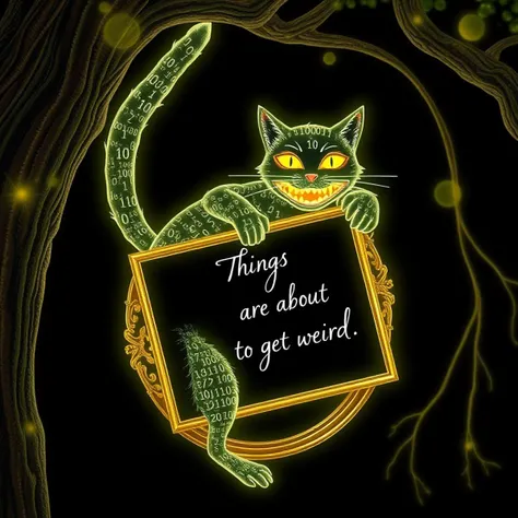 An extremely detailed, high quality, masterpiece photograph of a hologram with perfect exaggerated cat anatomy. A silly Cheshire cat formed of floating glowing binary 1s and 0s swinging on its tail from a tree with an intricate gold framed blackboard between its jaws. The blackboard has fancy cursive chalk writing saying "Things are about to get weird. . ."