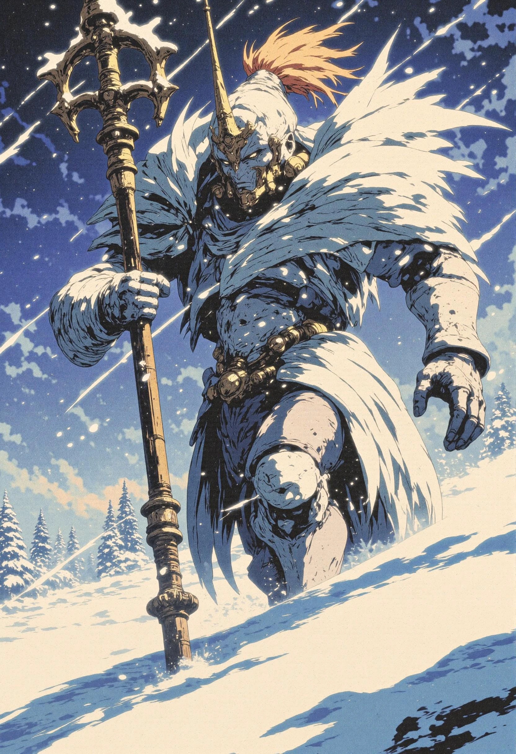 The image is a digital illustration in a detailed, semi-realistic 90s retro anime style. The subject is Cygnus Hyoga, launching forward with an ice spear in hand. His armor, resembling the form of a swan, glistens as snow flurries surround him. The environment is a vast snowfield during a blizzard. The colors are white, pale blues, and grays, giving the scene an intense and freezing ambiance. detailmaximizer, mythp0rt, ne0nfant4sy,