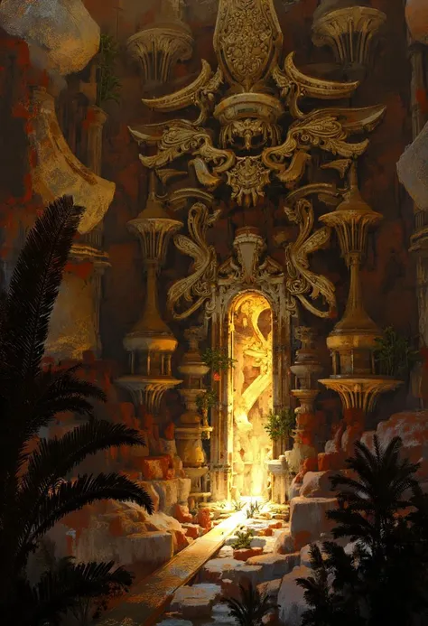 The architecture is a mix of Roman and Mayan influences, glowing pathway runs through the heart of the ruin, and spires, their fronds and trunks visible on the left and right of the frame, interspersed with splashes of black and gold, which seem to glow with an inner light, suggesting either a late afternoon or early morning sun.  This is a digital painting, adding to the mystical, swirling patterns that blend organic and mechanical elements<lora:Symphony_of_Chaos:1>