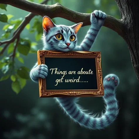 An extremely detailed, high quality, masterpiece photograph of a hologram with perfect exaggerated cat anatomy. A silly Cheshire cat formed of floating glowing binary 1s and 0s swinging on its tail from a tree with an intricate gold framed blackboard between its jaws. The blackboard has fancy cursive chalk writing saying "Things are about to get weird. . ."