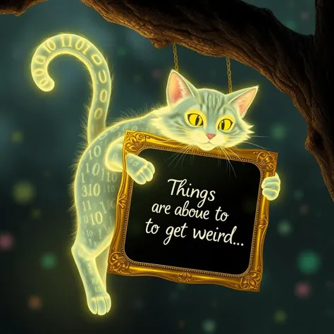 An extremely detailed, high quality, masterpiece photograph of a hologram with perfect exaggerated cat anatomy. A silly Cheshire cat formed of floating glowing binary 1s and 0s swinging on its tail from a tree with an intricate gold framed blackboard between its jaws. The blackboard has fancy cursive chalk writing saying "Things are about to get weird. . ."