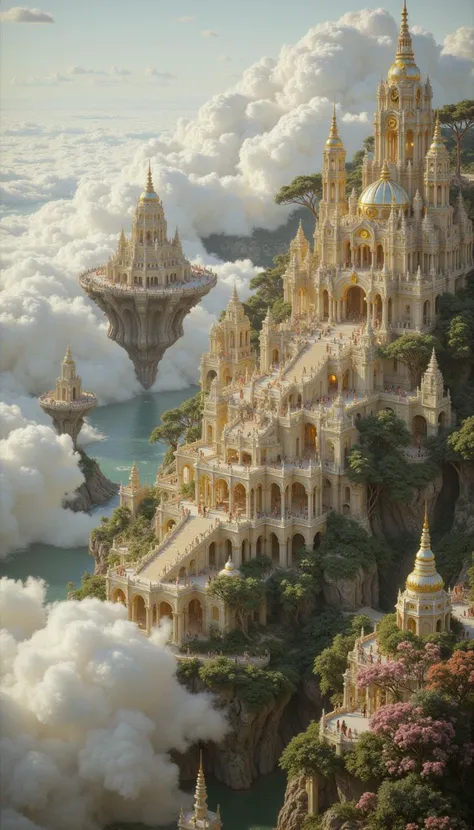 detailed city, Capture a breathtaking vista of two resplendent, ivory-hued castles majestically perched atop colossal, cloud-kissed plateaus. Utilize an aerial perspective, with the camera angled slightly downwards, showcasing the grandeur of the scene. Bathe the castles in the warm, ethereal glow of a waning afternoon sun, casting long, dramatic shadows across the cloud tops. Emphasize the sheer scale and awe-inspiring beauty of the architecture, with intricate spires and turrets piercing the heavens. The clouds should be a swirling, tumultuous ocean, their white peaks tinged with the gold and roseate hues of the setting sun. Employ an hyperrealistic rendering style, accentuating the textures of stone, cloud, and foliage with unparalleled detail. In the distance, nestled amidst the cloudscape, hint at the presence of a third, smaller floating island, barely discernible through the ethereal mist. This will evoke a sense of vastness and mystery, leaving the viewer to ponder the secrets this celestial realm holds.