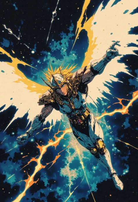 The image is a digital illustration in a detailed, semi-realistic 90s retro anime style. The subject is Pegasus Seiya, diving downward with his wings spread wide, his white and gold armor catching the light of lightning bolts around him. His pose is aggressive, as he charges towards the ground. The environment is a stormy sky, filled with dark clouds and electric flashes. The colors are intense blues, whites, and bright yellows, capturing the power and fury of a celestial storm.  detailmaximizer, mythp0rt, ne0nfant4sy,