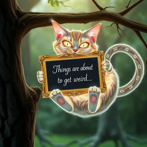 An extremely detailed, high quality, masterpiece photograph of a hologram with perfect exaggerated cat anatomy. A silly Cheshire cat formed of floating glowing binary 1s and 0s swinging on its tail from a tree with an intricate gold framed blackboard between its jaws. The blackboard has fancy cursive chalk writing saying "Things are about to get weird. . ."
