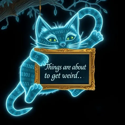 An extremely detailed, high quality, masterpiece photograph of a hologram with perfect exaggerated cat anatomy. A silly Cheshire cat formed of floating glowing binary 1s and 0s swinging on its tail from a tree with an intricate gold framed blackboard between its jaws. The blackboard has fancy cursive chalk writing saying "Things are about to get weird. . ."