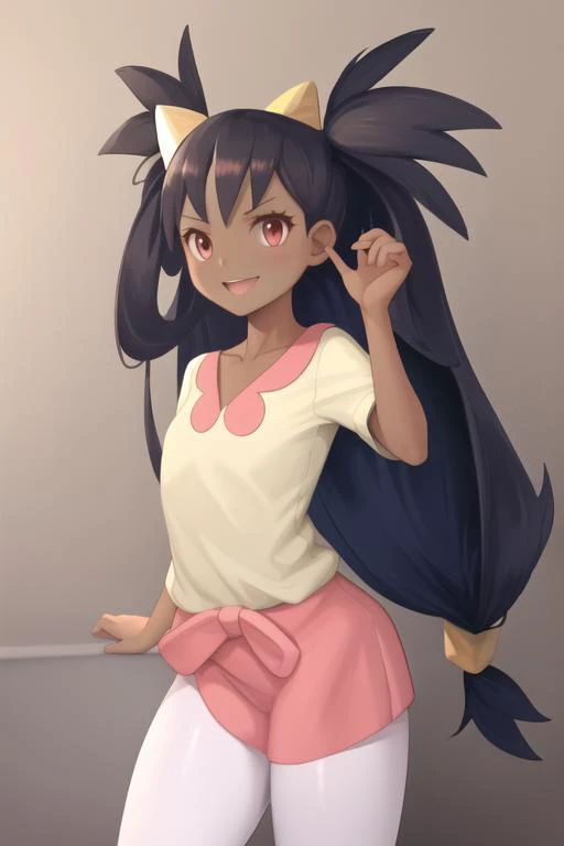masterpiece, highres, best quality, <lora:IrisPokemonV1:1>, IrisA, 1girl, solo, closed mouth, smile, collarbone, eyelashes, very long hair, two side up, shirt, outline, leggings, low-tied long hair,