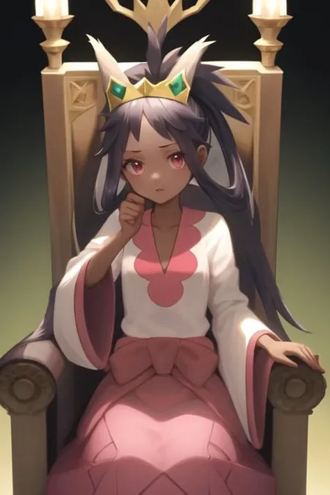 masterpiece, highres, best quality, <lora:IrisPokemonV1:1>, IrisB, 1girl, solo, dress, tiara, wide sleeves, standing, very long hair, bow, low-tied long hair, waist bow, collarbone, shirt, closed mouth, sitting on throne, stone throne, indoors, red throne, upper body,