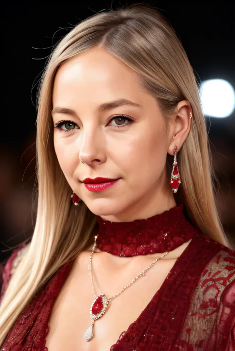 best quality (raw:1.1) photo of (blonde Al1c3R0b3rt501:0.99), (master grade:1.2), a woman as a presenter in radio show, modelshoot style, (extremely detailed 8k raw photography), photo of the most beautiful person in the world, Intricate, High Detail, Sharp focus, dramatic, (high neck dress:1.1), ((movie premiere)), ((standing on the red carpet)), ((paparazzi in the background)), (looking at the camera:1.2), (detailed pupils:1.3), (earrings:1.2), (closeup:1.2), (necklace), (red lips), (glossy lips:1.2), <lora:add_detail:1>, <lora:reflect-000008:0.4>, detailed skin texture, (blush:0.5), (goosebumps:0.5), subsurface scattering