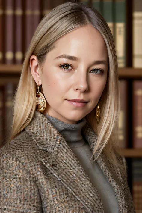 best quality (raw:1.1) photo of (blonde Al1c3R0b3rt501:0.99), (master grade:1.2), a woman as a librarian, modelshoot style, (extremely detailed 8k raw photography), photo of the most beautiful person in the world, Intricate, High Detail, Sharp focus, dramatic, (turtle neck and tweed jacket:1.1), ((library)), ((standing at a book case)), ((books around her:1.2)), (looking at the camera:1.2), (detailed pupils:1.3), (earrings:1.2), (closeup:1.2), (glossy lips:1.2), <lora:add_detail:1>, <lora:reflect-000008:0.4>, detailed skin texture, (blush:0.5), (goosebumps:0.5), subsurface scattering