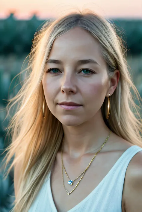 best quality (raw:1.1) photo of (blonde Al1c3R0b3rt501:0.99), (master grade:1.2), ((subtle makeup:1.2)), (tied back hair), (summer dress:1.2), ((standing in a field of agave:1.2)), (closeup:1.2), (sun setting), golden necklace, (golden earrings:1.1), RAW candid cinema, 16mm, color graded portra 400 film, remarkable color, ultra realistic, textured skin, remarkable detailed pupils, realistic dull skin noise, visible skin detail, skin fuzz, dry skin, shot with cinematic camera, detailed skin texture, (blush:0.2), (goosebumps:0.3), subsurface scattering, <lora:add_detail:0.9>