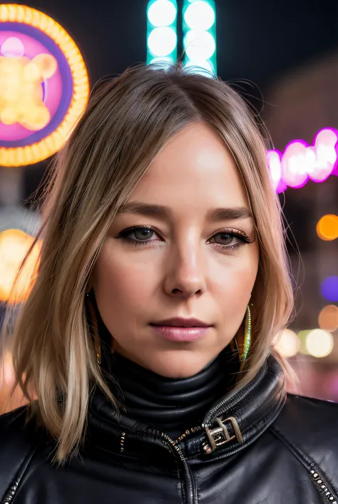 ((Selfie:1.1)), best quality (raw:1.1) photo of (blonde Al1c3R0b3rt501:0.99), ((heavy makeup:1.2)), a woman as a model, modelshoot style, (extremely detailed 8k wallpaper), photo of the most beautiful photograph in the world, Intricate, High Detail, Sharp focus, dramatic, (at night:1.2), (dimly lit), (neon lights:1.2), (carnival:1.1), (makeup:1.1), ((ferris wheel in background)), ((wearing leather jacket and turtle neck dress:1.2)), (looking at viewer:1.3), (detailed pupils:1.3), (modern outfit:1.2), (closeup), (earrings), <lora:LowRa_2:0.4>, RAW candid cinema, 16mm, color graded portra 400 film, remarkable color, ultra realistic, textured skin, remarkable detailed pupils, realistic dull skin noise, visible skin detail, skin fuzz, dry skin, shot with cinematic camera