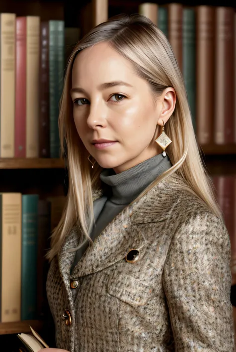 best quality (raw:1.1) photo of  (blonde Al1c3R0b3rt501:0.99), (master grade:1.2), a woman as a librarian, modelshoot style, (extremely detailed 8k raw photography), photo of the most beautiful person in the world, Intricate, High Detail, Sharp focus, dramatic, (turtle neck and tweed jacket:1.1), ((library)), ((standing at a book case)), ((books around her:1.2)), (looking at the camera:1.2), (detailed pupils:1.3), (earrings:1.2), (closeup:1.2), (glossy lips:1.2),  <lora:add_detail:1>,  <lora:reflect-000008:0.4>, detailed skin texture, (blush:0.5), (goosebumps:0.5), subsurface scattering