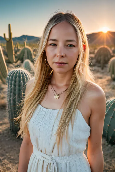 best quality (raw:1.1) photo of (blonde Al1c3R0b3rt501:0.99), (master grade:1.2), ((subtle makeup:1.2)), (tied back hair), (summer dress:1.2), ((standing in a field of barrel cacti:1.2)), (closeup:1.2), (sun setting), golden necklace, (golden earrings:1.1), RAW candid cinema, 16mm, color graded portra 400 film, remarkable color, ultra realistic, textured skin, remarkable detailed pupils, realistic dull skin noise, visible skin detail, skin fuzz, dry skin, shot with cinematic camera, detailed skin texture, (blush:0.2), (goosebumps:0.3), subsurface scattering, <lora:add_detail:0.9>