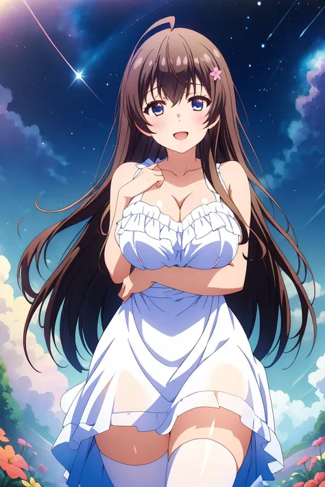 (Best quality), (masterpiece), illustration, high-res, absurdres, dynamic angle, nsfw, explicit, 1girl, sole, Fuuka_Sasakis, standing, full body, bare shoulders, bare legs, large breasts, underboob, cleavage, slit side, pure white strappy dress, white dress, collarbone, floating dress, (lifting dress):1.3, showing off lace panties, [[pussy sharp see-through]], ahoge, floating long hair, long bangs, long hairs covering chest, long hairs extended to left edges, long hairs extended to edges, open mouth, happy smiling, pure and cute, innocent eyes, looking at viewer, blue eye reflection, ((zettai ryouiki)), (detailed face description), (detailed eyes description), seductive, outdoors, nature, dark night, stars sky background, relaxed, stars all over the universe covered full screen, dancing over galaxy in midair, summer night, octane rendering, huge file size, colorful contrast, hands holding, flowers.
<lora:Fuuka Sasaki:0.8> <lora:rainbow:0.35>