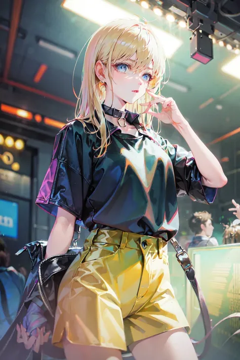 masterpiece, <lora:nababaStylizedLora_nababaNormal:1>, blonde hair, long hair, nightclub, hotpants, collar