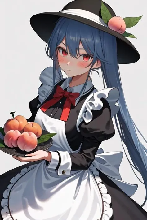 best quality, masterpiece, highres, solo, {maid:1.40}, {long maid dress:1.15}, {hinanawi_tenshi_touhou:1.15}, blue_hair, long_hair, red_eyes, peach, food, fruit, hat, blush, black_headwear, bow, leaf, hair_between_eyes