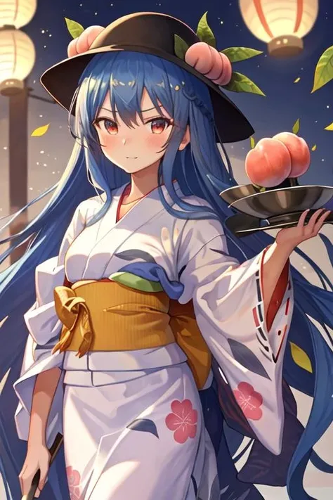 best quality, masterpiece, highres, solo, {yukata:1.40}, {kimono:1.20}, {hinanawi_tenshi_touhou:1.15}, blue_hair, long_hair, red_eyes, peach, food, fruit, hat, blush, black_headwear, bow, leaf, hair_between_eyes