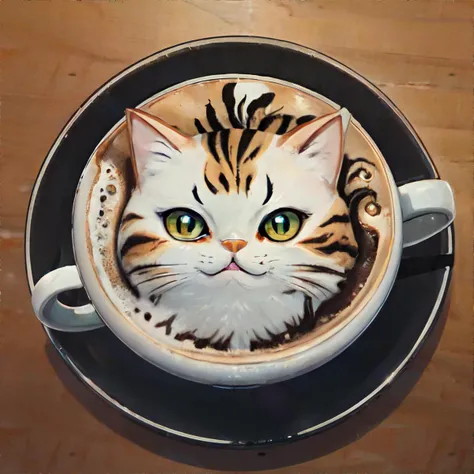 <lora:latteart:0.7>, latte_art\(character\), latter, cat || masterpiece, perfect quality, sharp focus, shallow depth of field, 8k