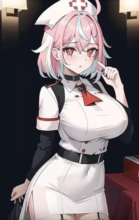 1girl, multicolored hair, ahoge, shaped pupil, red eyes, large breasts, white nurse suit, <lora:EmikukisLoRAv1:0.6> <lora:helltakerLora_10:0.3>