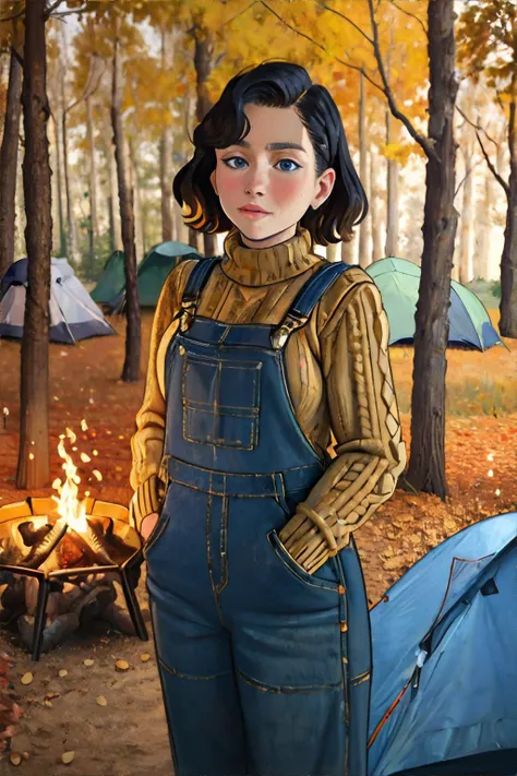 <lora:vangogh:1.0>, impressionism, fine art, woman wearing overalls with chunky knit sweater, camping, tent, forest in autumn, campfire || <lora:vangogh:1.0>, masterpiece, perfect quality, sharp focus, shallow depth of field, 8k