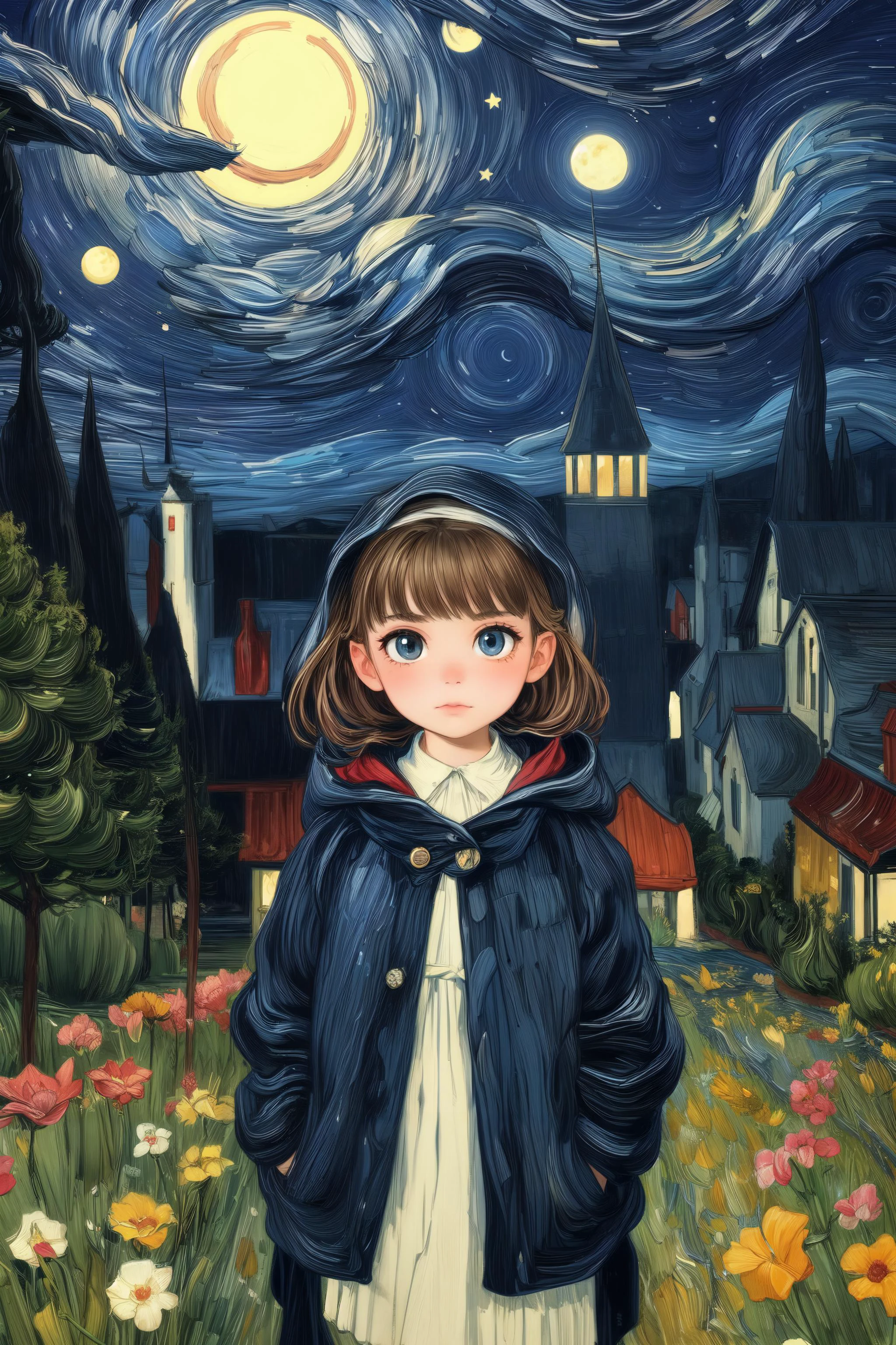 In the serene night, beneath a starry sky with billowing clouds, the full moon cast its luminous glow upon the tranquil nature scenery, creating an ethereal masterpiece. Standing in the midst of this best quality landscape is 1girl, gracefully donned in a flowing dress. She stands with an air of quiet contemplation, her gaze fixed upon the viewer, making the viewer feel the essence of impressionism brought to life. This fine art captures the magic of the night and the beauty of nature in a truly enchanting way,((best quality, masterpiece, extreme details):1.2) ((detailed eyes, detailed face):1.2), <lora:add_detail:1> <lora:backlight_slider_v10:1> <lora:eye_size_slider_v1:2> <lora:eyebrows_slider_v2:3> <lora:age_slider_v2:-5> <lora:Painting:1>