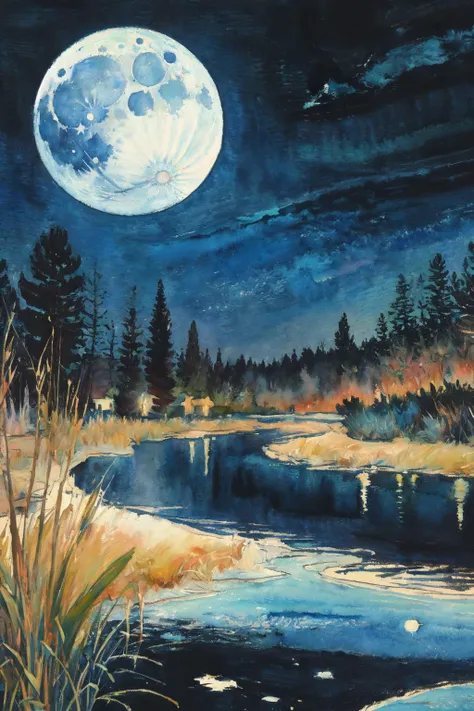 (moist paper,deep watercolor style,comfort,pastel painting illustration,concise,watercolor rendering,natural rendering,pigments mix naturally:1.3),
(black theme,night sky theme,:1.3),(moon:1.3),
, <lora:Painting:0.8> impressionism, fine art