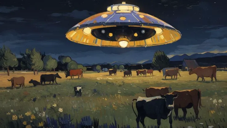 (close-up:1.1) illustration of (ufo alien spaceship:1.2) above cows BREAK <lora:epiNoiseoffset_v2-pynoise:0.7>, dark theme, <lora:LowRA:0.4>, <lora:add_sharpness:0.6>, impressionism, fine art, <lora:Painting:0.8>, van gogh style,