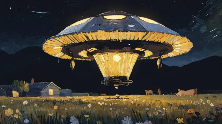 (close-up:1.1) illustration of (ufo alien spaceship:1.2), above field, bright light beam BREAK levitating cows BREAK <lora:epiNoiseoffset_v2-pynoise:0.7>, dark theme, <lora:LowRA:0.4>, <lora:add_sharpness:0.6>, impressionism, fine art, <lora:Painting:0.8>, van gogh style,