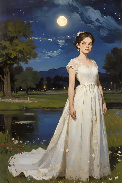In the serene night, beneath a starry sky with billowing clouds, the full moon cast its luminous glow upon the tranquil nature scenery, creating an ethereal masterpiece. Standing in the midst of this best quality landscape is 1girl, gracefully donned in a flowing dress. She stands with an air of quiet contemplation, her gaze fixed upon the viewer, making the viewer feel the essence of impressionism brought to life. This fine art captures the magic of the night and the beauty of nature in a truly enchanting way,((best quality, masterpiece, extreme details):1.2) ((detailed eyes, detailed face):1.2), <lora:Painting:0.8>