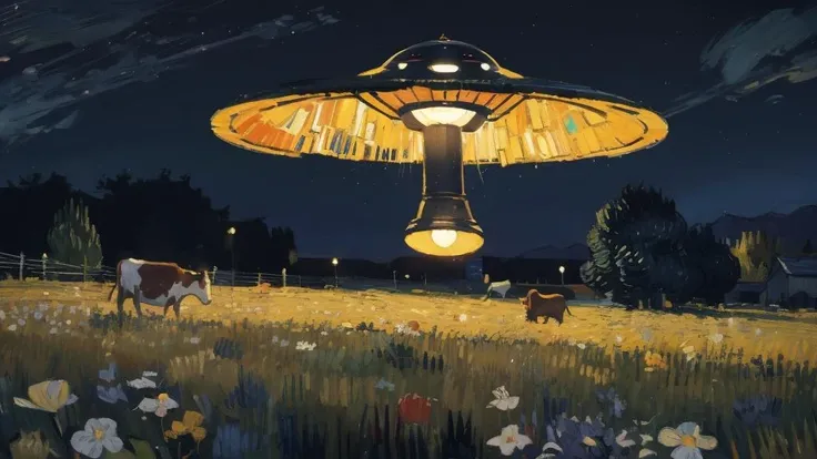 (close-up:1.1) illustration of (ufo alien spaceship:1.2), above field, bright light beam BREAK levitating cows BREAK <lora:epiNoiseoffset_v2-pynoise:0.7>, dark theme, <lora:LowRA:0.4>, <lora:add_sharpness:0.6>, impressionism, fine art, <lora:Painting:0.9>, van gogh style,