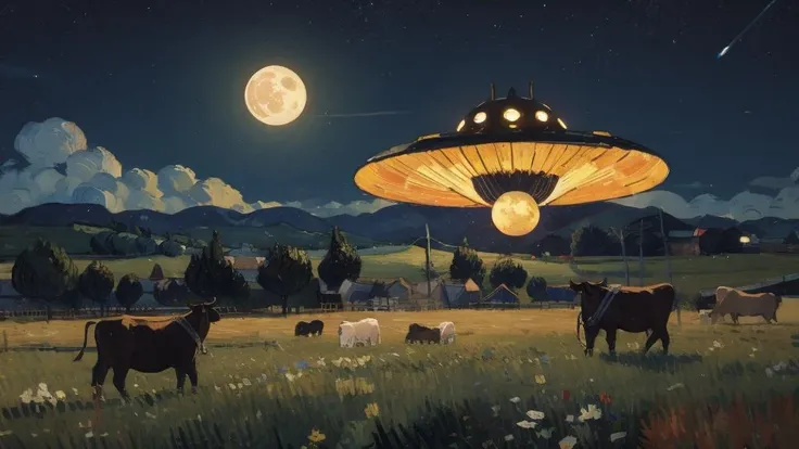 (close-up:1.1) illustration of (ufo spaceship:1.2) BREAK large moon in the sky BREAK cows on field BREAK <lora:epiNoiseoffset_v2-pynoise:0.7>, dark theme, <lora:LowRA:0.4>, <lora:add_sharpness:0.6>, impressionism, fine art, <lora:Painting:1>, van gogh style,